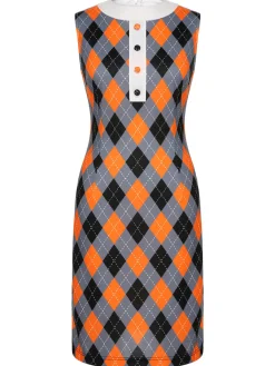 Fashion Retro Stage 1960s Color Block Argyle Shift Dress Orange
