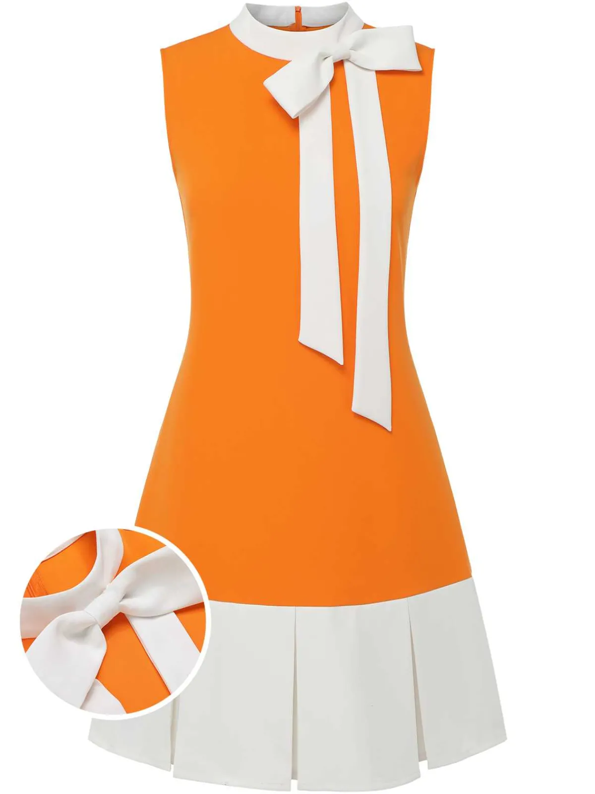 Discount Retro Stage Orange 1960s Crew Bowknot Sleeveless Dress