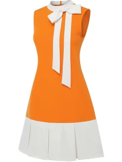 Discount Retro Stage Orange 1960s Crew Bowknot Sleeveless Dress