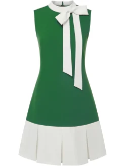 Discount Retro Stage Orange 1960s Crew Bowknot Sleeveless Dress