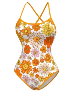 Fashion Retro Stage 1960s Daisy Cross Back One-Piece Swimsuit Orange
