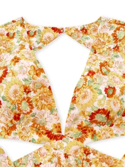 Best Retro Stage 1970s Deep V-Neck Sunflower Boho Dress Orange