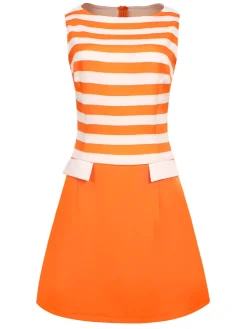 Online Retro Stage 1960s Drop Waist Stripe Dress Orange