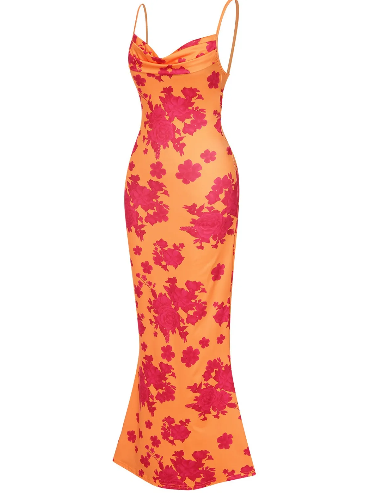 Online Retro Stage 1930s Floral Cowl Neck Fishtail Dress Orange