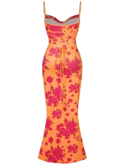 Online Retro Stage 1930s Floral Cowl Neck Fishtail Dress Orange