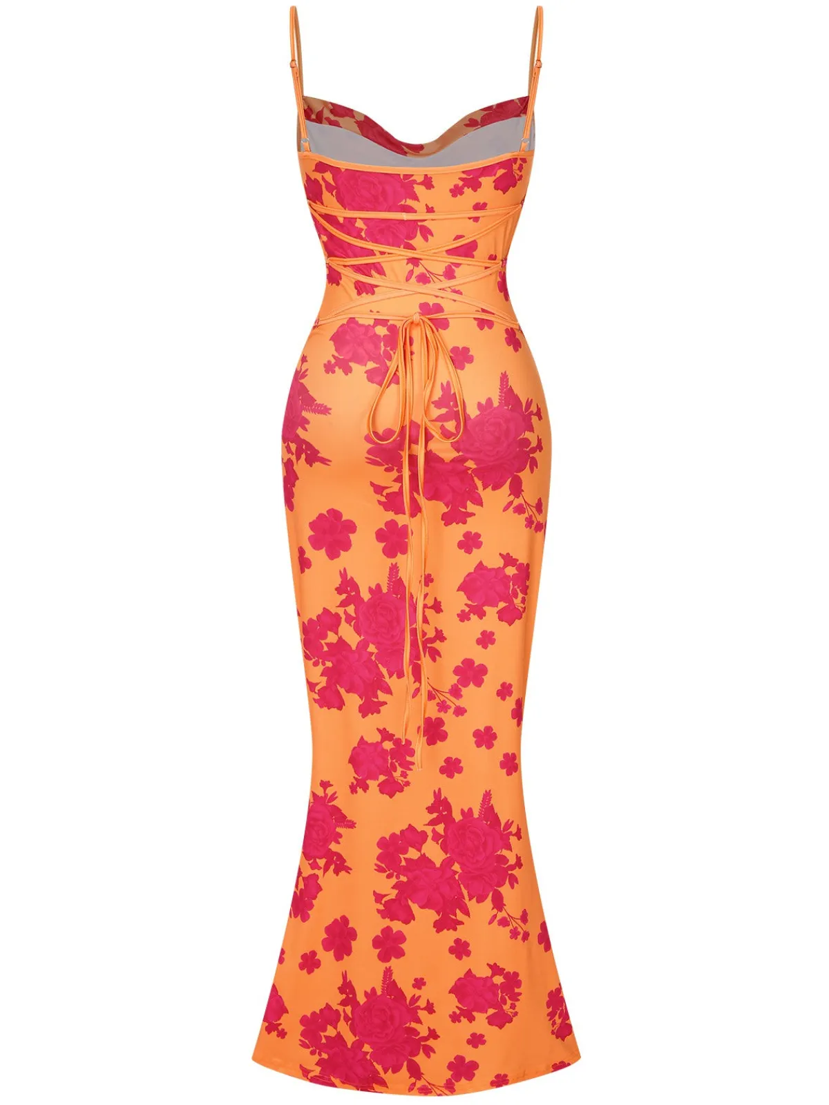 Online Retro Stage 1930s Floral Cowl Neck Fishtail Dress Orange