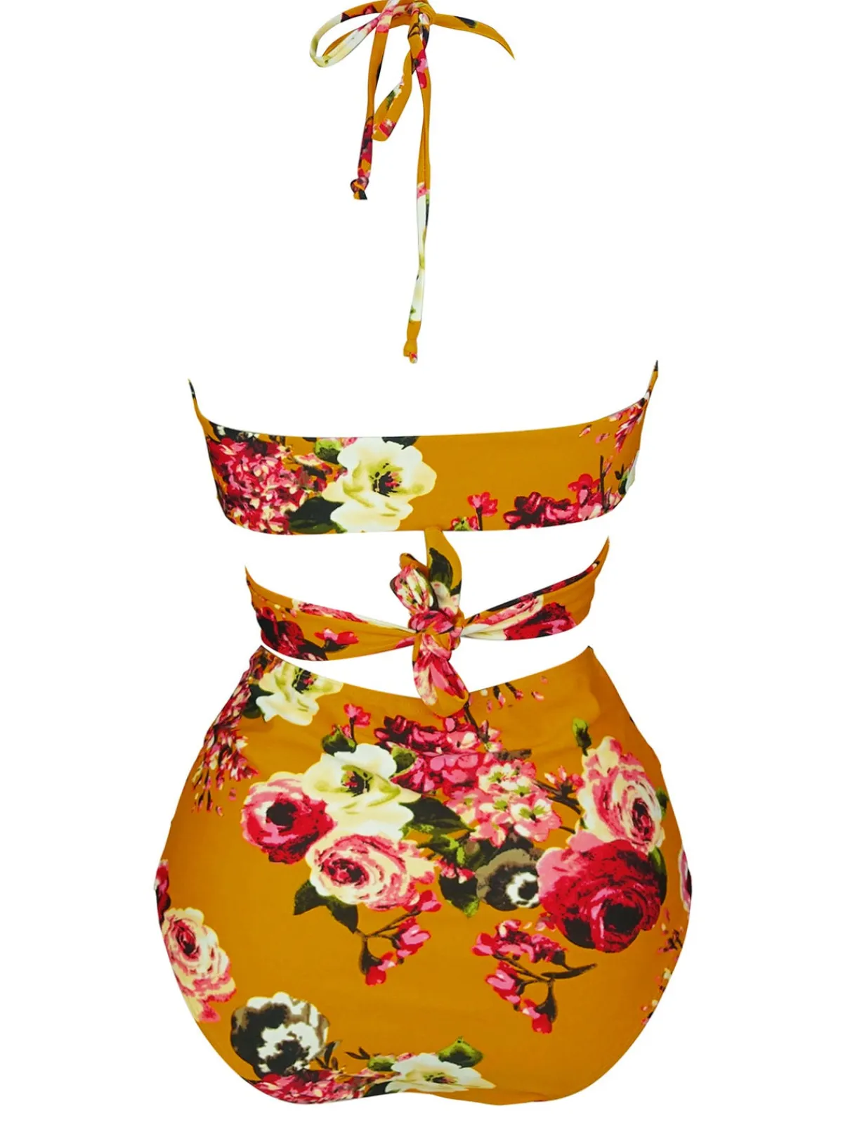 Online Retro Stage 1930s Floral Cross Bind Halter Swimsuit Orange