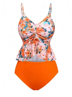 Sale Retro Stage 1970s Floral Drawstring Spaghetti Straps Tankini Set Orange