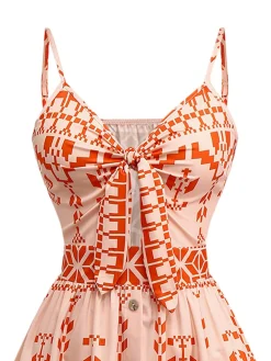 Discount Retro Stage 1940s Floral Print Lace-Up Cut-Out Dress Orange