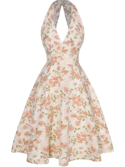 New Retro Stage Orange 1950s Floral V-Neck Dress