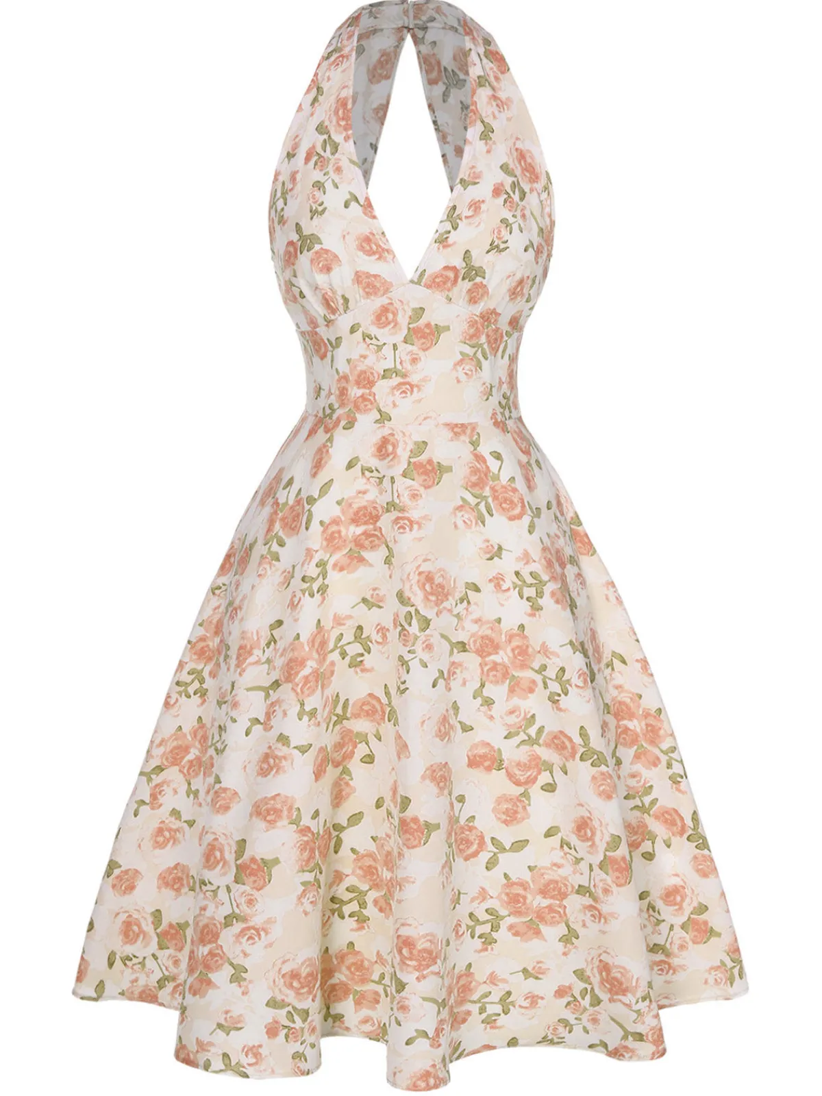 New Retro Stage Orange 1950s Floral V-Neck Dress