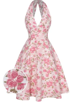 New Retro Stage Orange 1950s Floral V-Neck Dress