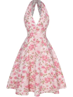 New Retro Stage Orange 1950s Floral V-Neck Dress