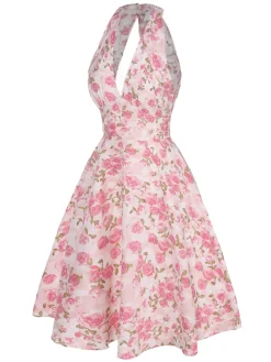 New Retro Stage Orange 1950s Floral V-Neck Dress