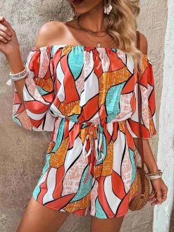Online Retro Stage 1950s Geometric Drawstring Off-Shoulder Romper Orange