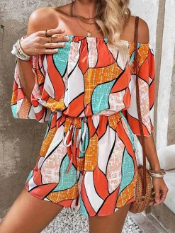 Online Retro Stage 1950s Geometric Drawstring Off-Shoulder Romper Orange