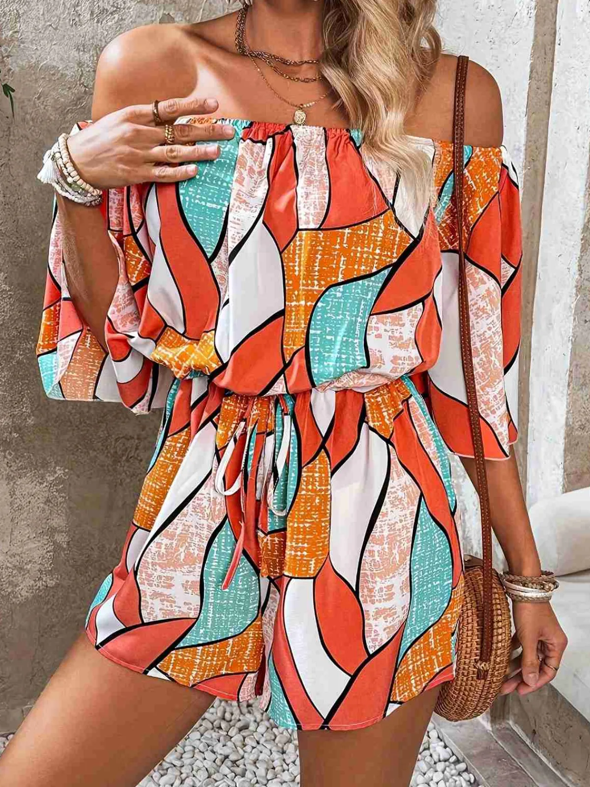 Online Retro Stage 1950s Geometric Drawstring Off-Shoulder Romper Orange