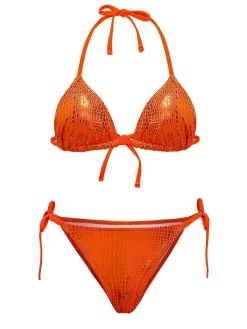 Online Retro Stage 1960s Gilded Snakeskin Halter Bikini Set Orange