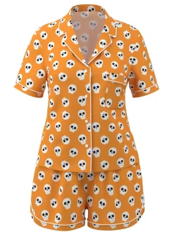 Hot Retro Stage 1970s Halloween Cartoon Skull Pajamas Orange