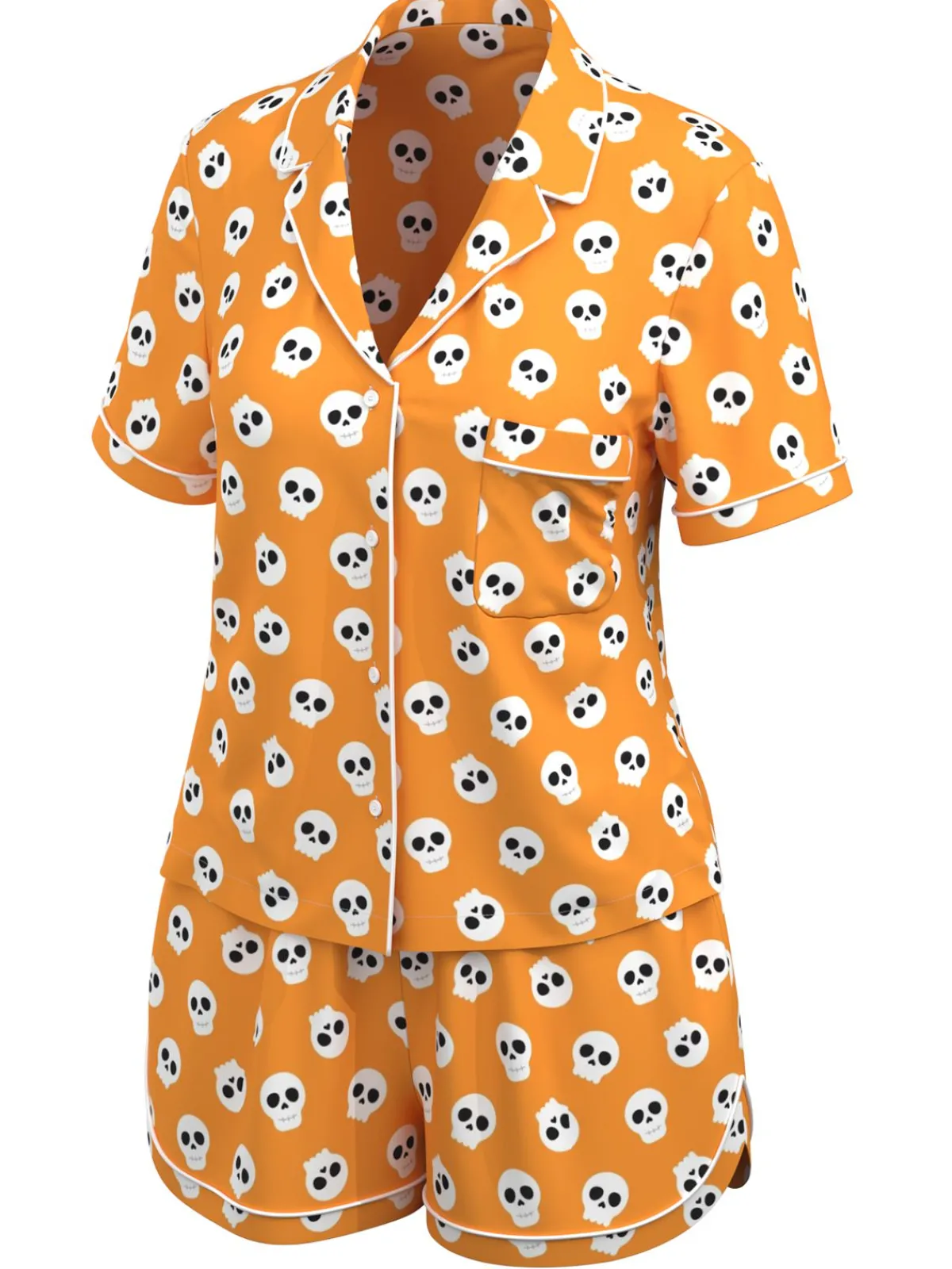 Hot Retro Stage 1970s Halloween Cartoon Skull Pajamas Orange