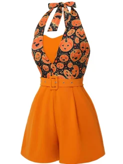 Hot Retro Stage 1950s Halloween Pumpkin Halter Romper Orange