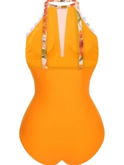 Hot Retro Stage 1960s Halter Floral One-Piece Swimsuit Orange