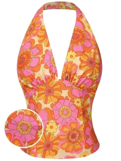 New Retro Stage 1960s Hippie Floral Halter Top Orange