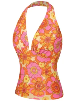 New Retro Stage 1960s Hippie Floral Halter Top Orange