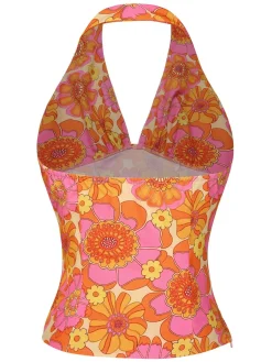 New Retro Stage 1960s Hippie Floral Halter Top Orange