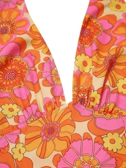 New Retro Stage 1960s Hippie Floral Halter Top Orange