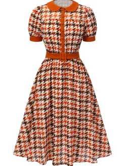 New Retro Stage 1940s Houndstooth Doll Collar Dress Orange