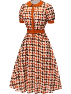 New Retro Stage 1940s Houndstooth Doll Collar Dress Orange