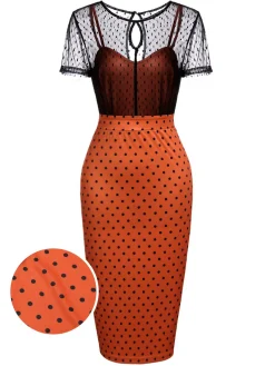 Best Retro Stage 1960s Illusion Bodycon Dress Orange