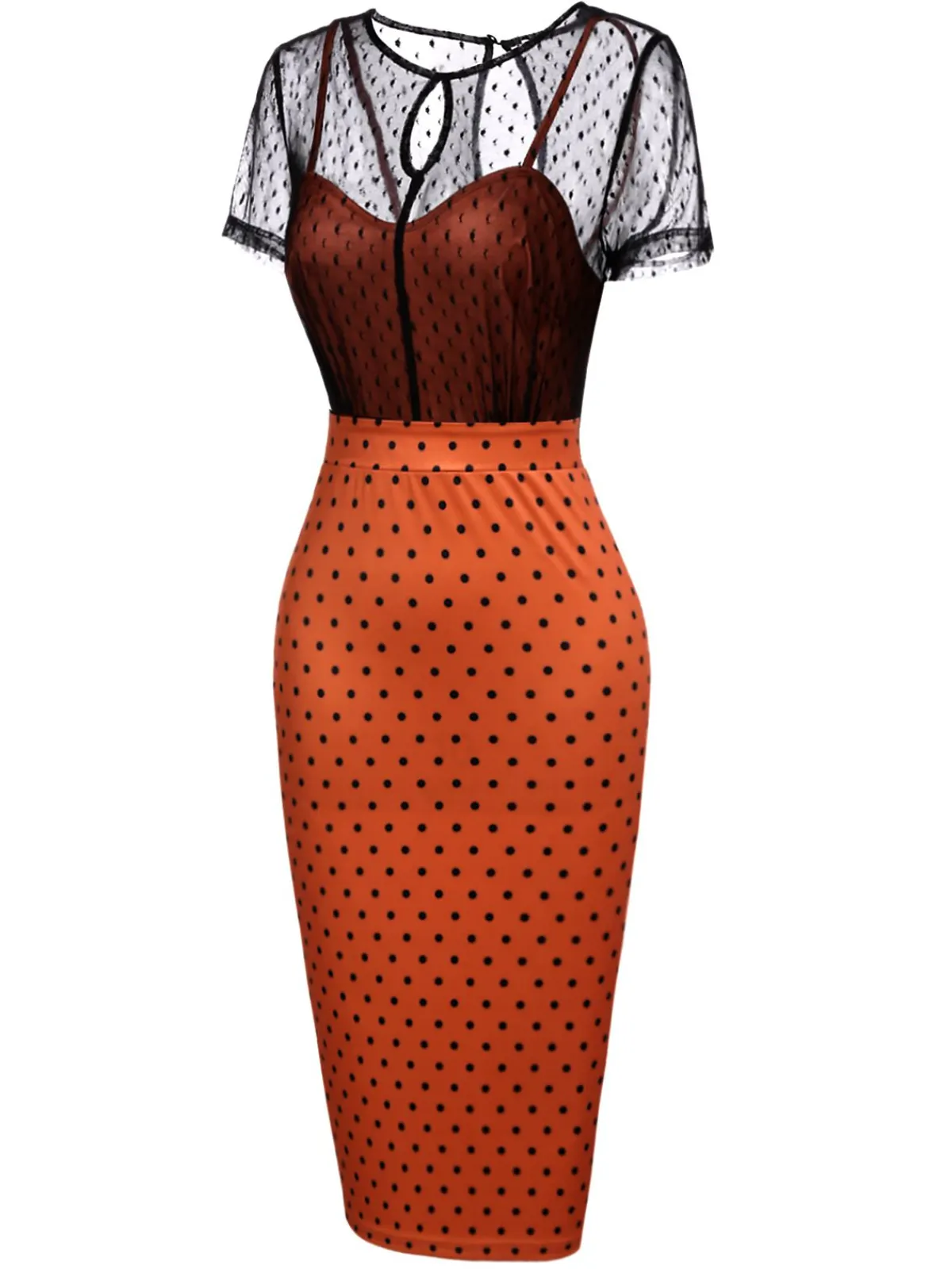 Best Retro Stage 1960s Illusion Bodycon Dress Orange