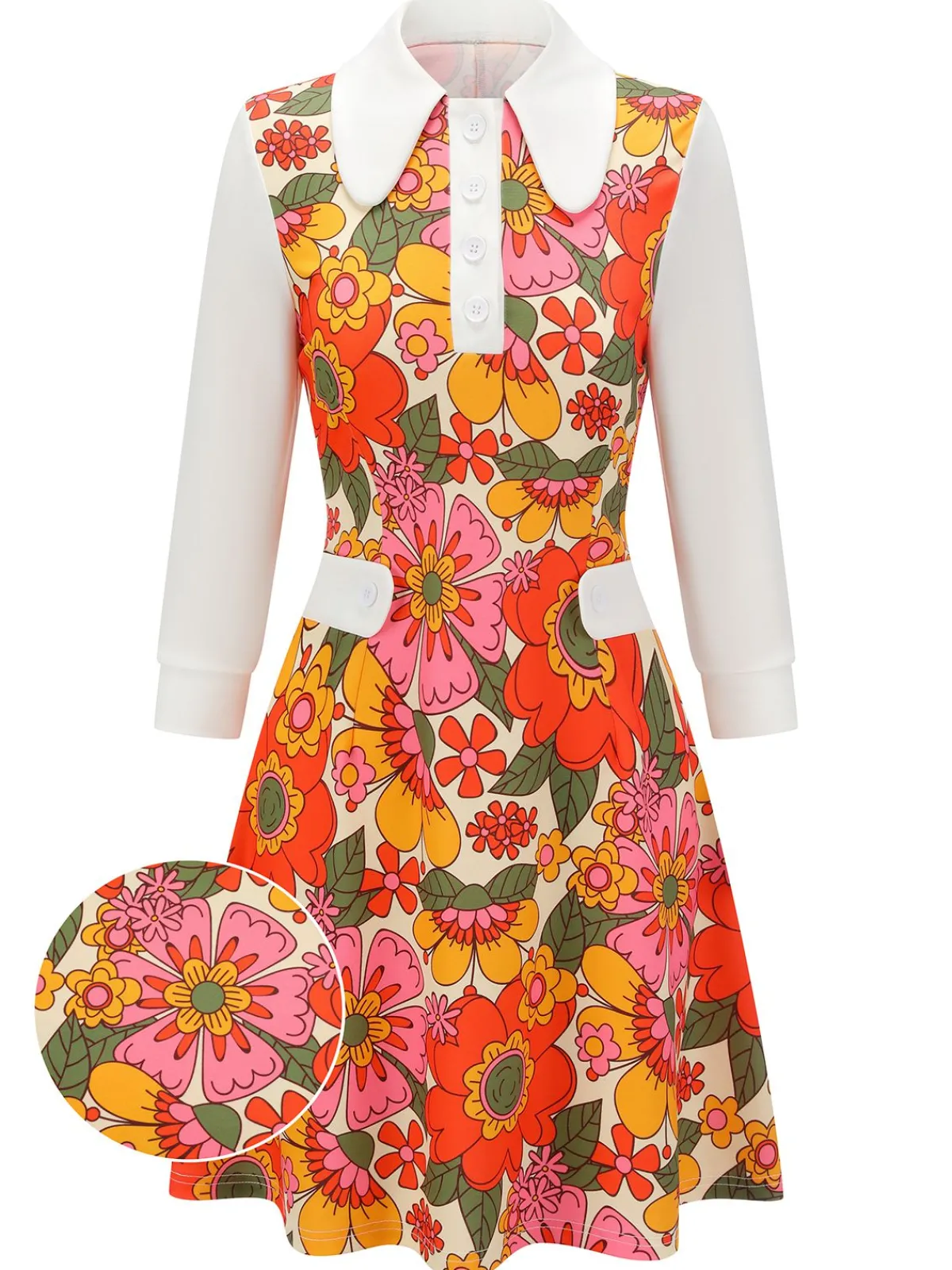 Clearance Retro Stage Orange 1960s Lapel Flowers Patchwork Dress