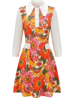 Clearance Retro Stage Orange 1960s Lapel Flowers Patchwork Dress