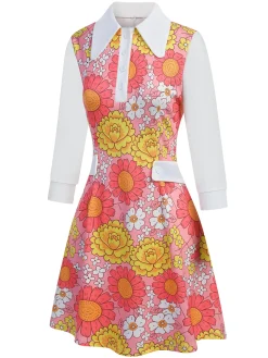 Clearance Retro Stage Orange 1960s Lapel Flowers Patchwork Dress