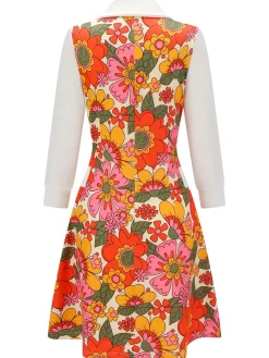 Clearance Retro Stage Orange 1960s Lapel Flowers Patchwork Dress