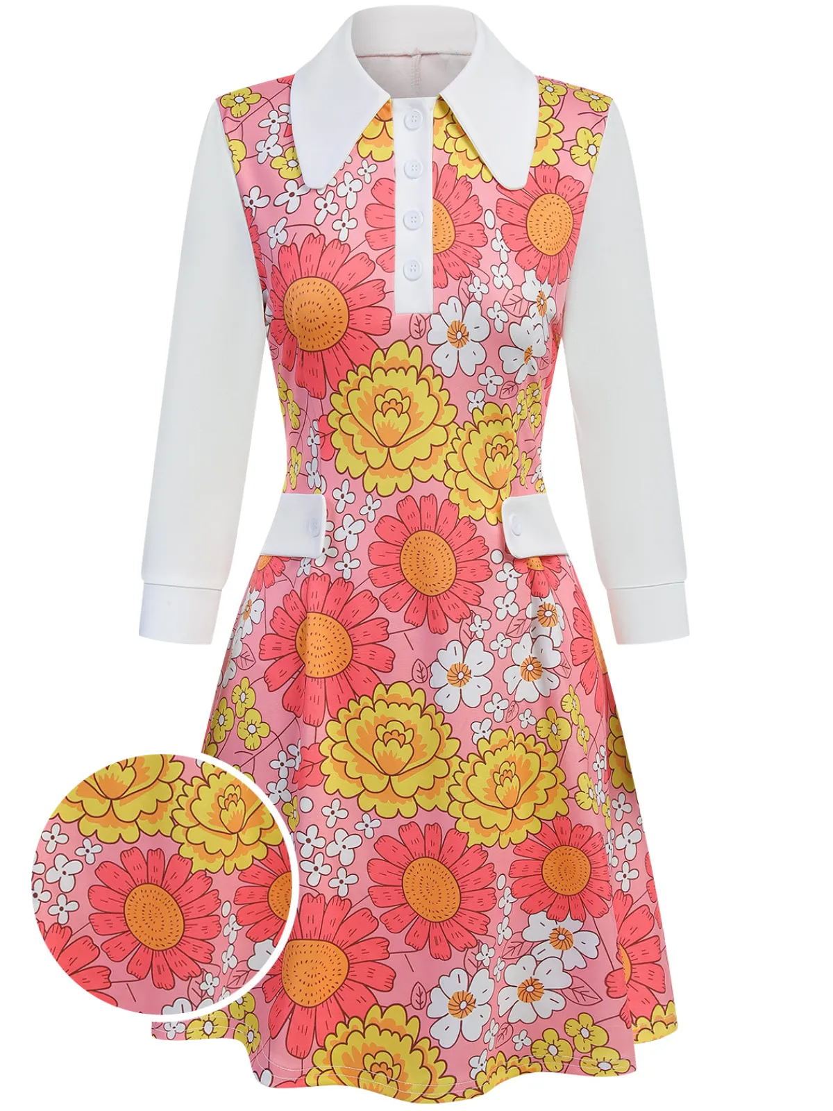 Clearance Retro Stage Orange 1960s Lapel Flowers Patchwork Dress