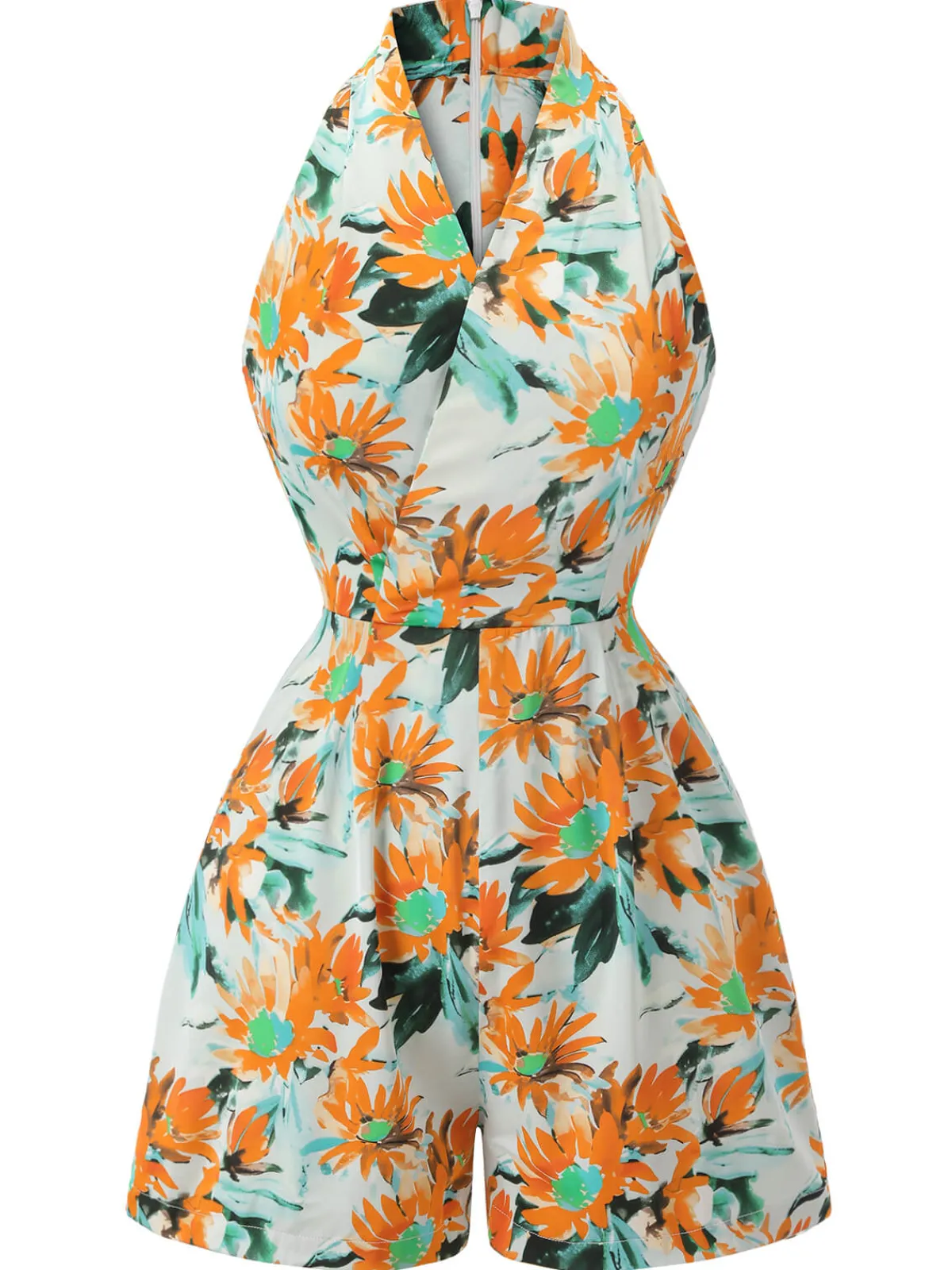 Sale Retro Stage 1950s Painted Sunflower V-Neck Romper Orange