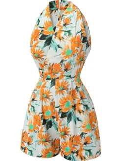 Sale Retro Stage 1950s Painted Sunflower V-Neck Romper Orange