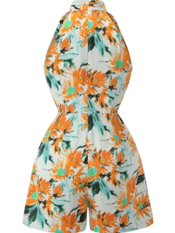 Sale Retro Stage 1950s Painted Sunflower V-Neck Romper Orange