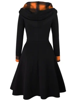 Outlet Retro Stage Orange 1950s Plaids Hooded Patchwork Dress