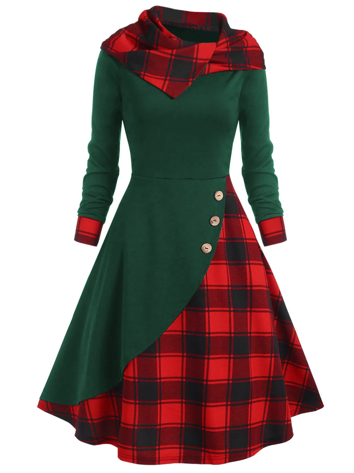 Outlet Retro Stage Orange 1950s Plaids Hooded Patchwork Dress