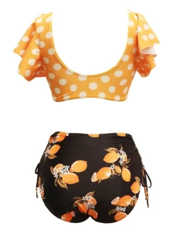 Online Retro Stage 1950s Polka Dots Lemon Ruffled Bikini Set Orange