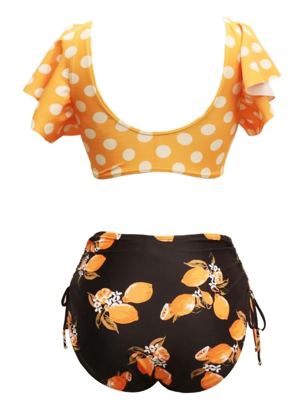 Online Retro Stage 1950s Polka Dots Lemon Ruffled Bikini Set Orange