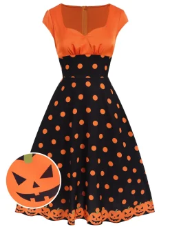 Clearance Retro Stage 1950s Pumpkin Face Sweetheart Neck Dress Orange