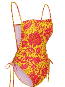 Clearance Retro Stage 1970s Russian Floral Drawstring Strap Swimsuit Orange