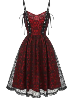 Clearance Retro Stage Orange 1980s Skull Pattern Gothic Style Dress