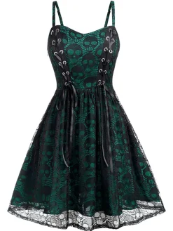 Clearance Retro Stage Orange 1980s Skull Pattern Gothic Style Dress